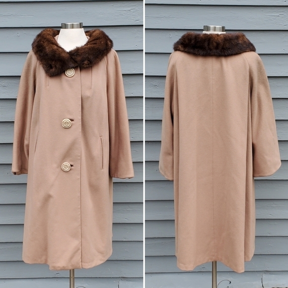Vintage 50s 60s Jackie O Kennedy Tan Wool Brown Mink Collar Swing Mob Wife Coat
